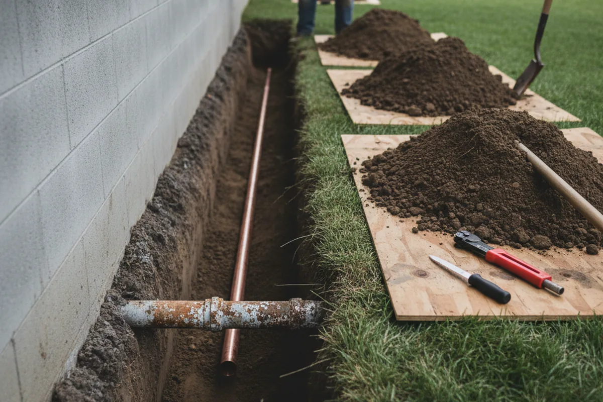 Excavated water line trench during Sewer Line Repair in Shelley